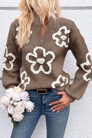 Parchment Contrast Flower Half Zipper Stand Neck Sweater - Image 2