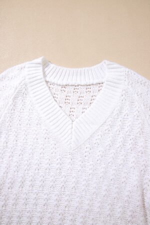 White Textured Knit Ribbed Edge V Neck Loose Sweater - Image 7