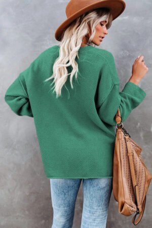 Green-2 Henley Pullover Drop Shoulder Sweater with Slits - Image 3