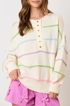 White Rainbow Stripes Drop Shoulder Baggy Henley Sweater - Image 2