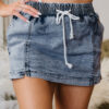 Dusk Blue Drawstring Elastic Waistband Pocketed Denim Shorts