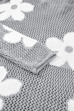 Light Grey Big Flower Hollowed Knit Drop Shoulder Sweater - Image 8
