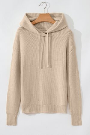 Beige Solid Color Drawstring Hooded Drop Shoulder Pullover Sweater - Image 6