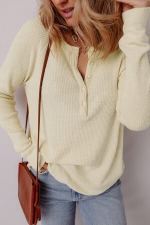 Oatmeal Textured Knit Half Buttons Henley Top - Image 3
