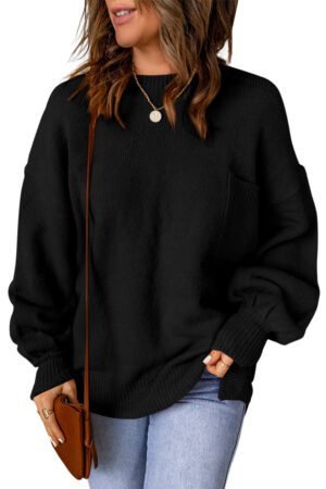 Black Solid Color Puffy Sleeve Pocketed Sweater - Image 4