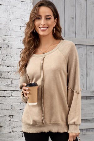 Light French Beige Solid Waffle Knit Patchwork Raglan Sleeve Sweatshirt - Image 6