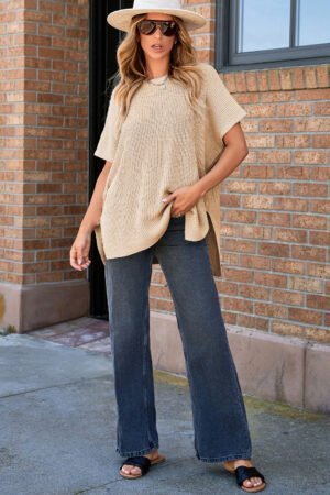 Apricot Short Sleeve Side Slit Oversized Sweater - Image 5