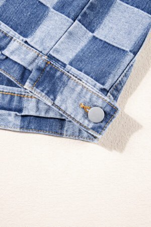 Light Blue Checkered Patchwork Button up Denim Jacket - Image 8