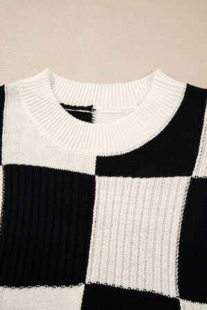 Black Checkered Color Block Crew Neck Short Sleeve Sweater - Image 7