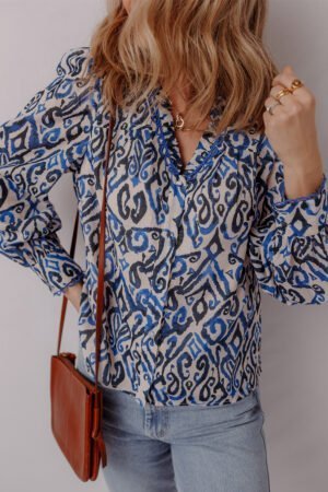 Blue Bohemian Print Embroidered V Neckline Detail Long Sleeve Shirt - Image 7
