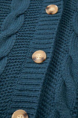 Peacock Blue Cable Knit Button Front Pocketed Baggy Cardigan - Image 8
