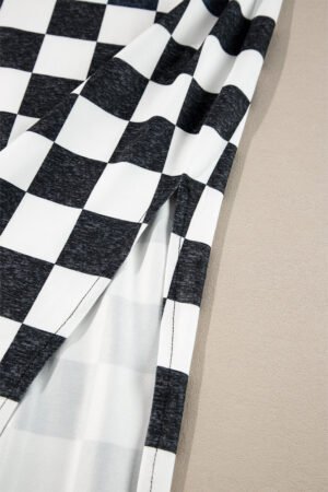 White Checkered Print Side Slit High Waist Midi Skirt - Image 6