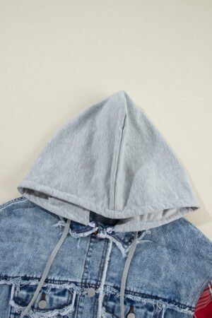 Beau Blue Plaid Print Patchwork Hooded Raw Hem Denim Jacket - Image 6
