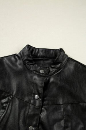 Black Faux Leather Buttoned Front Boxy Jacket - Image 8