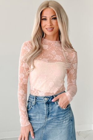 Apricot Pink Sheer Floral Lace Mesh Mock Neck Long Sleeve Top - Image 4
