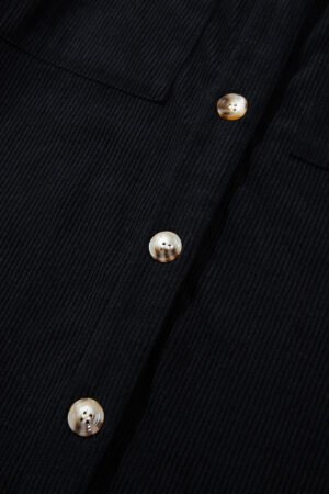 Black Hooded Drawstring Pockets Corduroy Shacket - Image 7