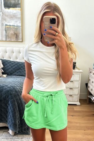 Light Green French Terry Drawstring Elastic Waistband Mini Skort with Pockets - Image 5