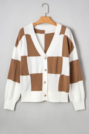 Khaki Checkered Pattern Ribbed Detail Button V Neck Sweater Cardigan - Image 5