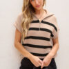 Khaki Stripe Zipped Collar Short Sleeve Sweater