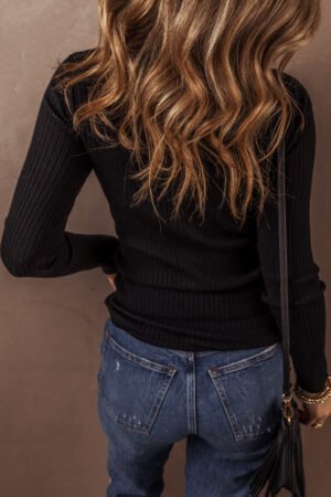 Black Ribbed Knit Collared Slim Fit Sweater Cardigan - Image 3