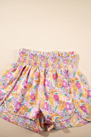 Pink Boho Floral Shirred High Waist Casual Shorts - Image 7