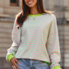 Green Stripe Contrast Ribbed Trim Crossed Stitch Drop Shoulder Sweatshirt