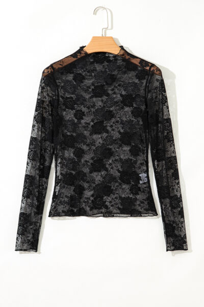 Black Sheer Floral Lace Mesh Mock Neck Long Sleeve Top