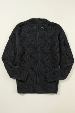 Black Hollow Out Knit V Neck Drop Shoulder Sweater - Image 6