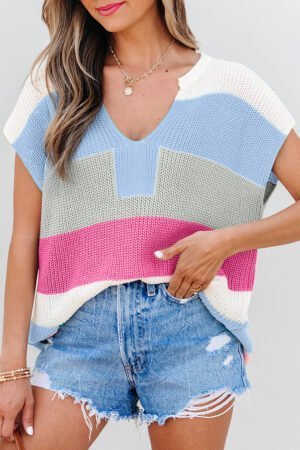 Light Blue Color Block Notch V Neck Sweater T Shirt - Image 4