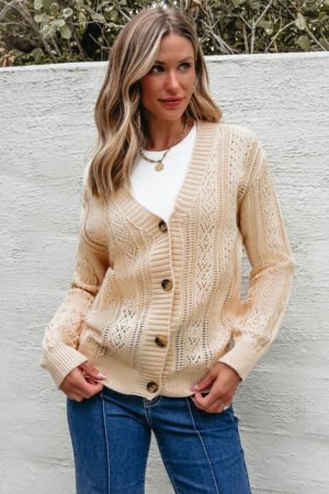 Beige Open Knit Drop Shoulder Sweater Cardigan - Image 2