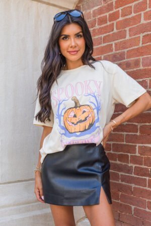White SPOOKY Pumpkin Print Round Neck Halloween T Shirt - Image 3