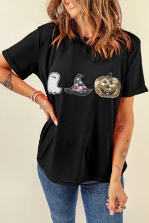 Black Halloween Sequin Pattern Patched Crewneck Tee - Image 2