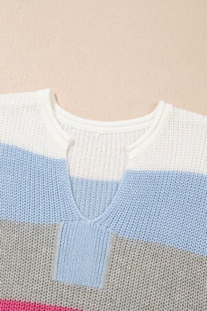 Light Blue Color Block Notch V Neck Sweater T Shirt - Image 6