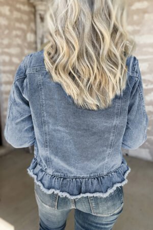 Beau Blue Ruffle Raw Hem Flap Pockets Denim Jacket - Image 3