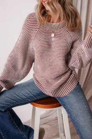 Red Dahlia Striped Print Ribbed Knit Boat Neck Baggy Sweater - Image 5