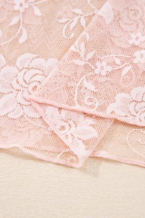 Apricot Pink Sheer Floral Lace Mesh Mock Neck Long Sleeve Top - Image 7