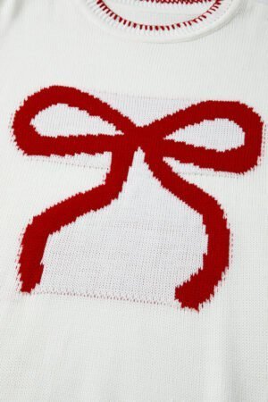 White Bow Pattern Contrast Trim Christmas Loose Graphic Sweater - Image 6