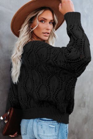 Black Crochet Knit Ribbed Hem Hollow-out Sweater - Image 3
