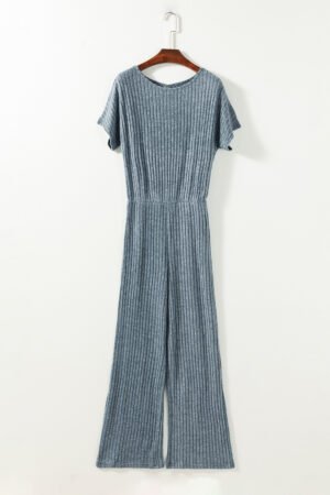 Dusk Blue Ribbed Keyhole Short Sleeve Wide Leg Jumpsuit - Image 4