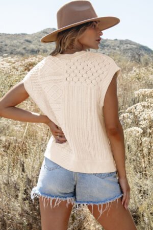Beige Cable Knit Dolman Armholes Sweater Tank - Image 3