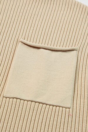 Oatmeal Patch Pocket Ribbed Knit Short Sleeve Sweater - Image 7