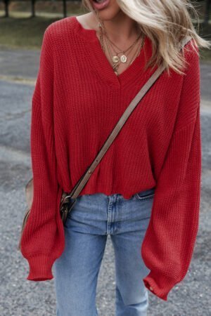 Racing Red Solid Textured Knit V Neck Drop Shoulder Sweater - Image 4