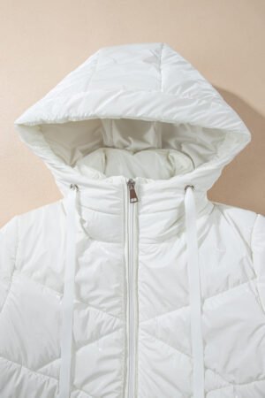 White Solid Quilted Hooded Zip Up Puffer Coat - Image 7