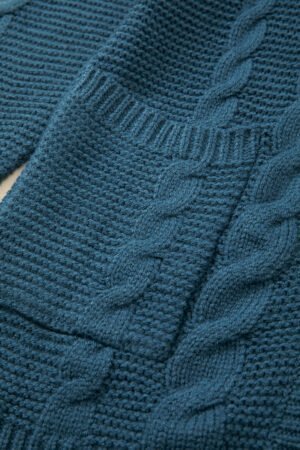 Peacock Blue Cable Knit Button Front Pocketed Baggy Cardigan - Image 5