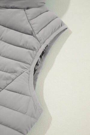 Silvery Plush Collared Quilted Zipped Puffer Vest - Image 8
