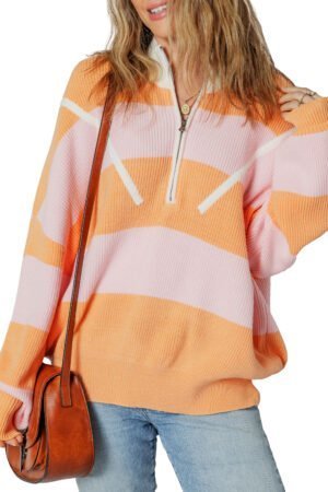 Orange Stripe Colorblock Half Zip Oversize Sweater - Image 8
