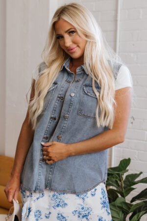 Beau Blue Denim Flap Pocket Curved Hem Shirt Vest - Image 5