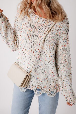 White Colorful Confetti Distressed Knit Sweater - Image 6