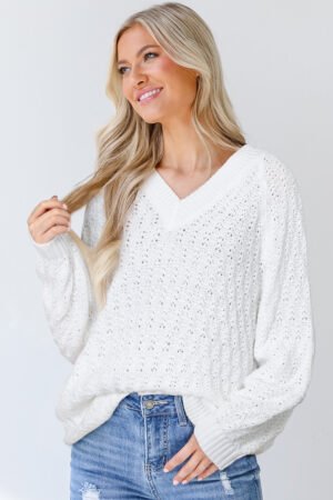 White Textured Knit Ribbed Edge V Neck Loose Sweater - Image 4