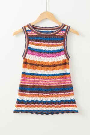 Dark Blue Striped Textured Knit Crew Neck Sweater Vest - Image 5